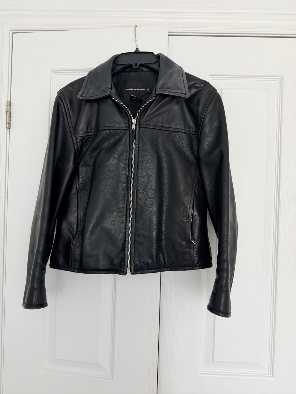 Club Monaco Black Leather Zip-Up Jacket with Point Collar